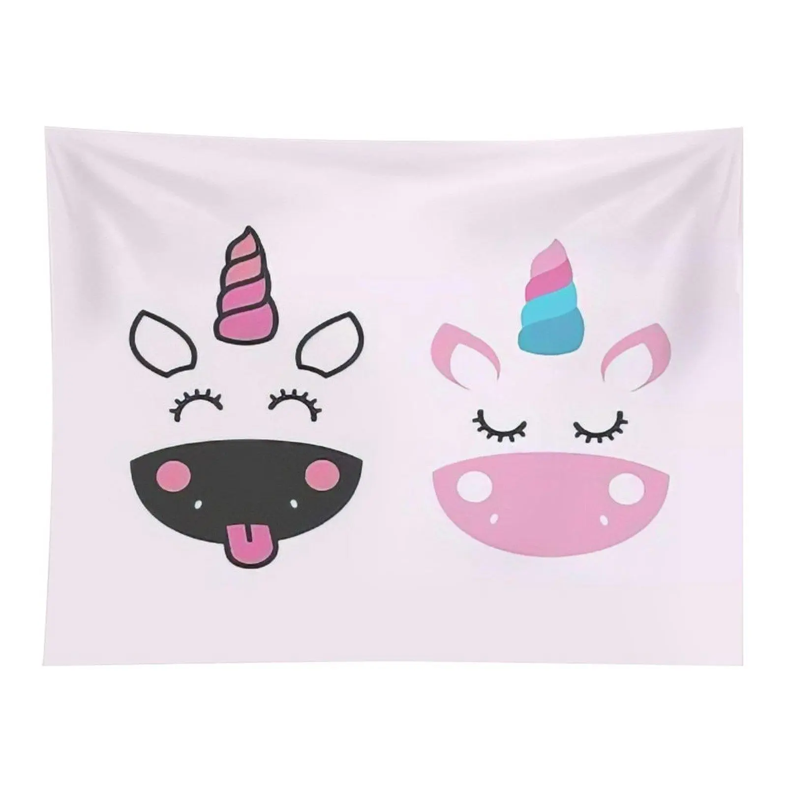 Cute Dual Unicorn Face Wall Tapestry, Pink Pastel Cartoon Unicorn Head Simple Cutout Style Sweet Art Print for Girls Bedroom Dorm Wall Decor