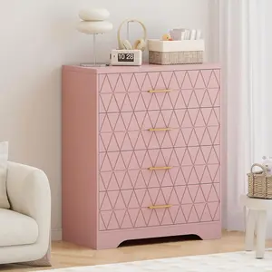 4-Drawer Modern Tall MDF Wooden Dresser with Gold Handles, Pink Storage Organizer Cabinet - Bedroom Nightstand, Closet Chest of Drawers, Mdf Wood