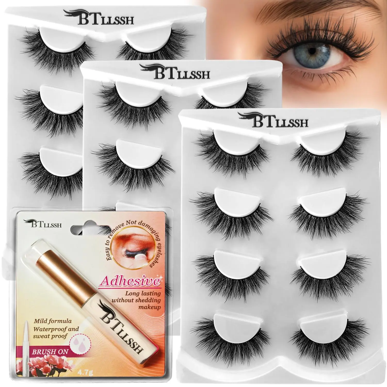 Fluffy False Eyelashes with Eyelash Glue, 12 Pairs Wispy Cat Eye Faux Cluster Lashes, Natural Curling Eye Makeup Strip Lashes, Full Volume Eyelash for Lashes Extensions, High Quality Eyelashes, Wispy Volume Set