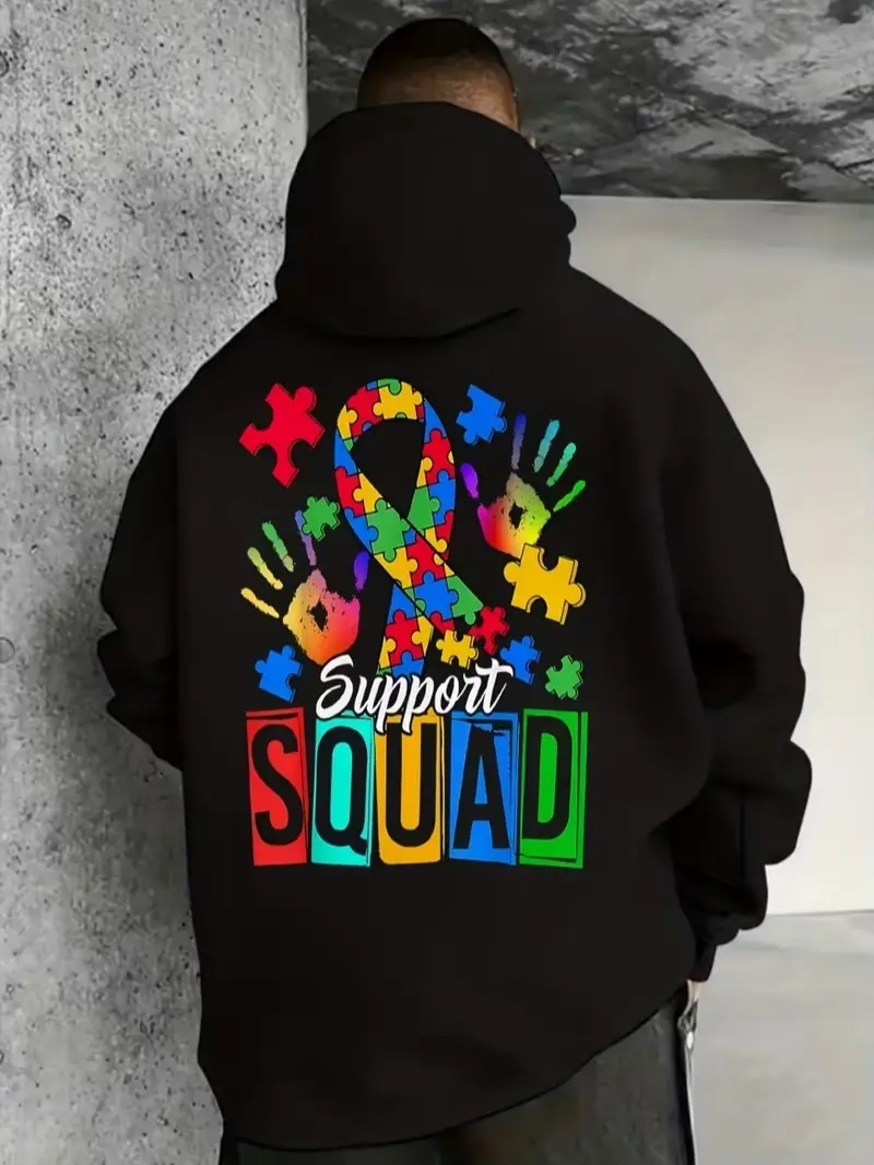 Support Squad Autism Puzzle Ribbon Handprint Back Print Fleece Hoodie, Awareness Pullover Hoodie, Daily Holiday Gift
