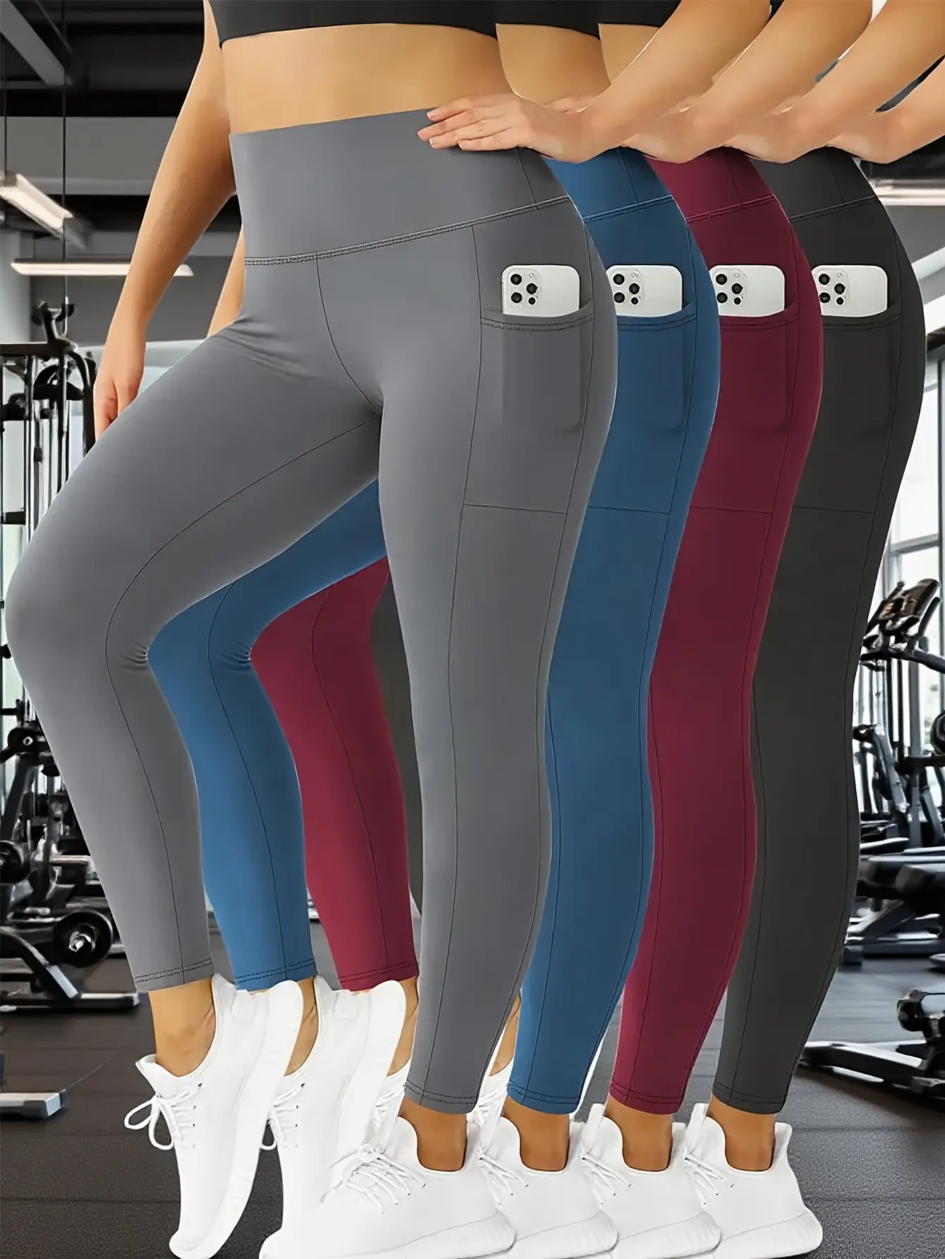 Women's 4-Piece Fleece Lined Tight Pants - High Waist, Tummy Control, Butt Lift, Slim Fit, Pocketed Synthetics, Body Shaping, Curves Done Right, Squat Proof, Machine Washable, Foldable, All Seasons (Black, Gray, Red), Yoga Pants, Sporty Chic, Fitness For,
