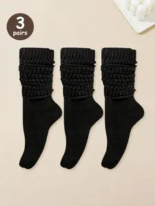 Unisex 3 Pairs Solid Color Crew Socks, Casual Moisture Wicking Scrunch Socks for Men & Women, Soft Comfy Breathable Mid-Calf Socks for All Seasons Daily Wear