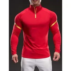 Men's Solid Color Half Zip Up Thumb Hole Long Sleeve Sports Tee, High Stretch Casual Comfortable Breathable Stand Collar T-shirt for Gym Workout Running