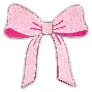 CY Iron On Patches Chenille Kawaii Pink Bow Embroidered with Sequin Applique Cute Sew On Stickers Diy Accessories for Clothing Backpacks Jackets