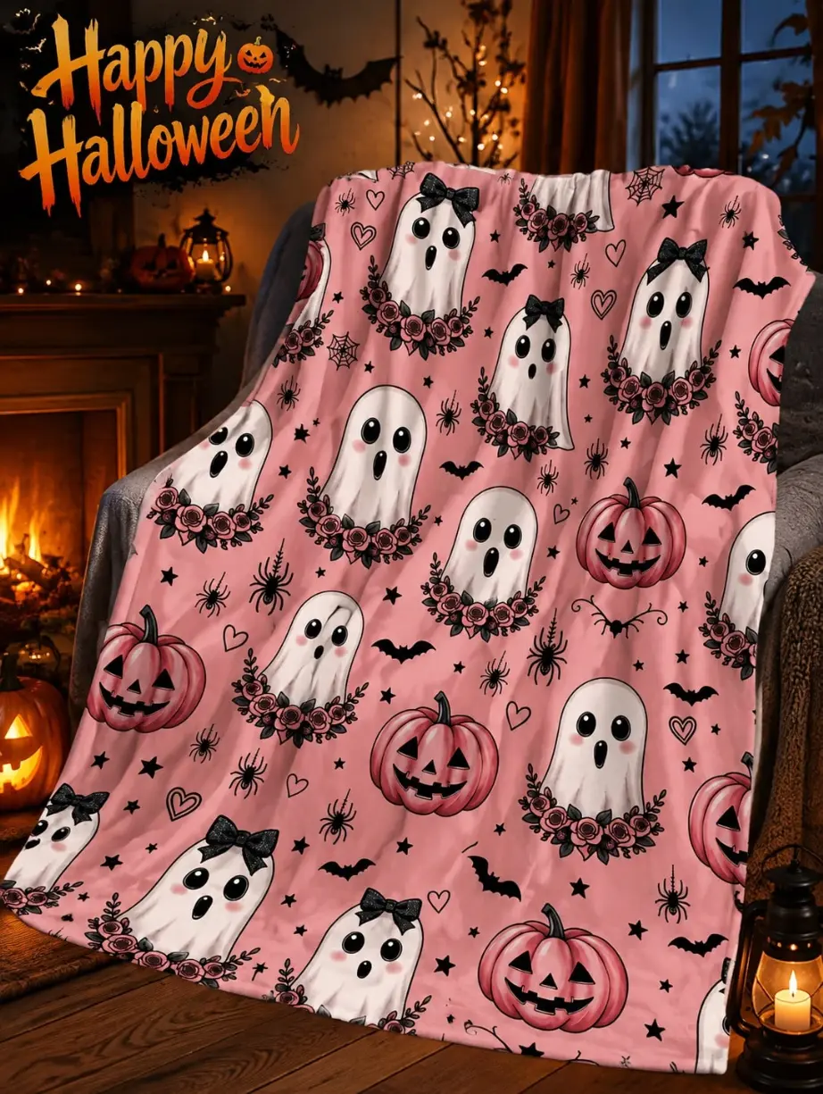 Happy Halloween Ghosts & Pumpkins Pink Blanket with Spiders and Hearts for Festive Season Decor