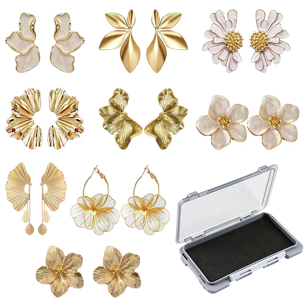 9Pairs Flower Earrings for Women, Chunky Petal Design White & Gold Stud Earrings, Lightweight Hypoallergenic Stainless Steel Jewelry for Party, Holiday Festive Fall Outfits, Elegant Gifts for Her