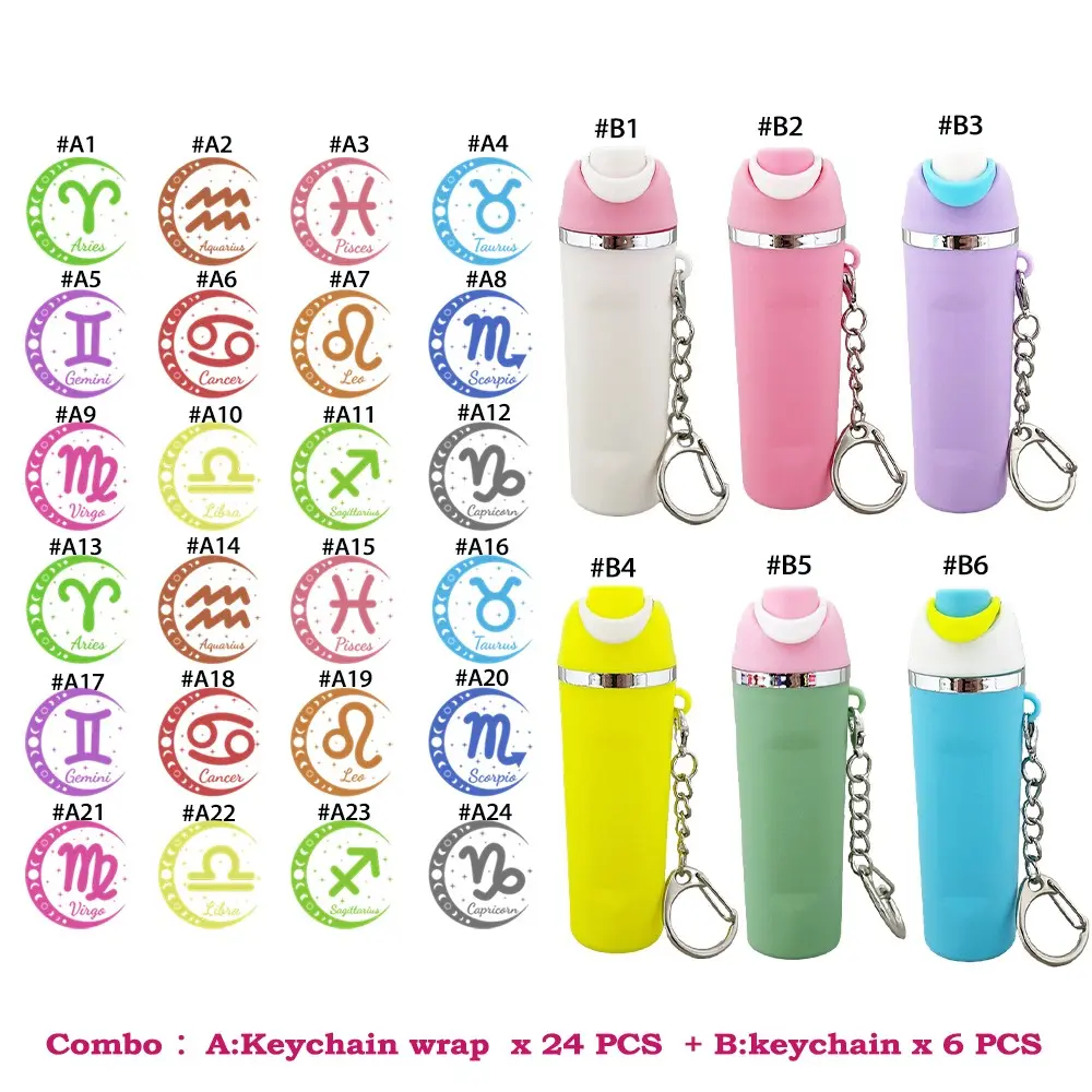 DIY Kit Keyring Packs, 24pcs Zodiac UV DTF Stickers, 6pcs Cute Mini Cup Keychains, Self-Adhesive Decals for Gifting Cool Keychains