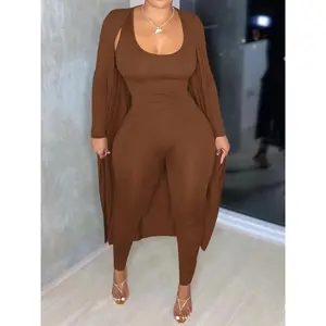 Two-piece Set Women's Solid Open Front Long Sleeve Longline Outwear & Skinny Jumpsuit, Casual Fashion Cozy Outfits for Daily Outdoor Wear, Women Clothes for Fall & Winter, Solid Color Jumpsuits