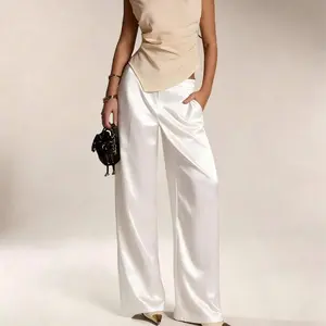 Women's Satin Silk Solid Color Pants With Pockets And Zipper, Suitable For Vacation, Office, Brunch, Airport Outfit, All Seasons White Spring