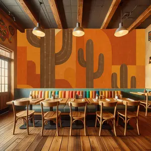 Bold Brutalist Cactus Peel and Stick Mural for Mexican Restaurants - Terracotta Wallpaper with Geometric Desert Forms, Cafeteria, Airbnb