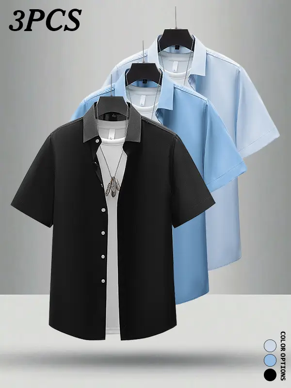 3-pack wrinkle-free, well-structured men’s summer short-sleeve shirts with a double-breasted front and smooth, comfortable fabric that resists wrinkles for easy packing while traveling; versatile casual tops for everyday outings and commuting.