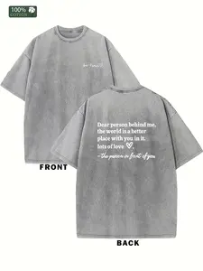 Men's Short-Sleeve Distressed Vintage-Inspired "Dear Person Behind Me" Cotton T-Shirt, Round Neck, Regular Fit, 230g/sq m Double-Sided Washed, Festive Menswear All-Season Top with Flattering Silhouette, Summer Casual Wear