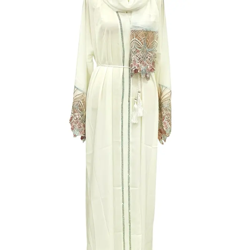 Haya Abaya - White Color Abaya with Beautiful Lace Work Very Lightweight Classy Design Includes Hijab & Belt