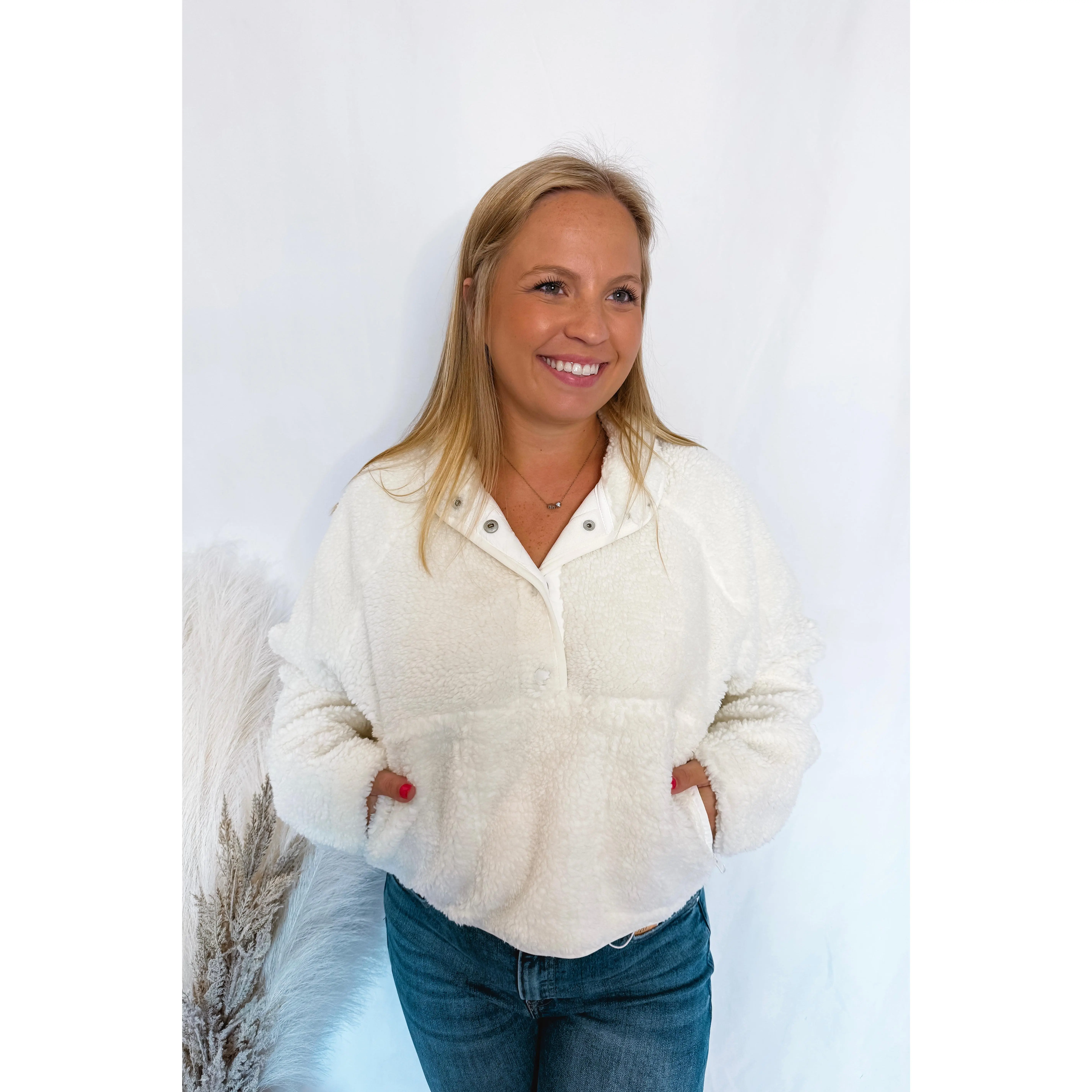 Too Cozy Sherpa Quarter Snap Pullover - Winter White