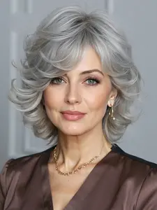 Silver- Wavy Wigs for Women, Curly Bob Wig, Side Part, Synthetic Wig, Natural Looking, Daily Party Wig, Short Wavy Wigs