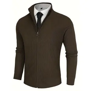 Men's Casual Black Zip-Up Cardigan - Long Sleeve, Stand Collar, Dropped Shoulder, Stretch Knit Sweater, Machine Washable