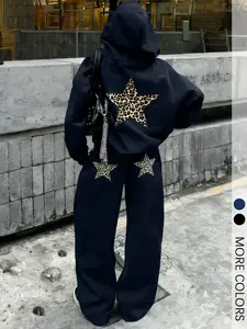 Ladies' Y2K Leopard Star Graphic Hoodie & Pants Set, Casual Lounge Set for Daily & Street Style