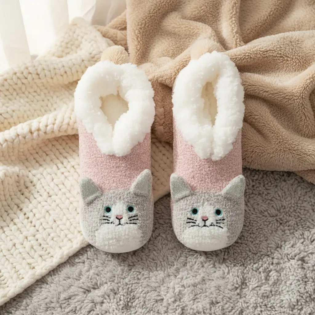 Women's Soft Plush Furry Fabric Kitty Slipper Socks - Cozy Casual Slip-On Slide Footwear, Embroidered Kitty Face, Pompom Tail, Sizes 6-7.5 (S-M), Hassle-Free Returns, Foot Wear