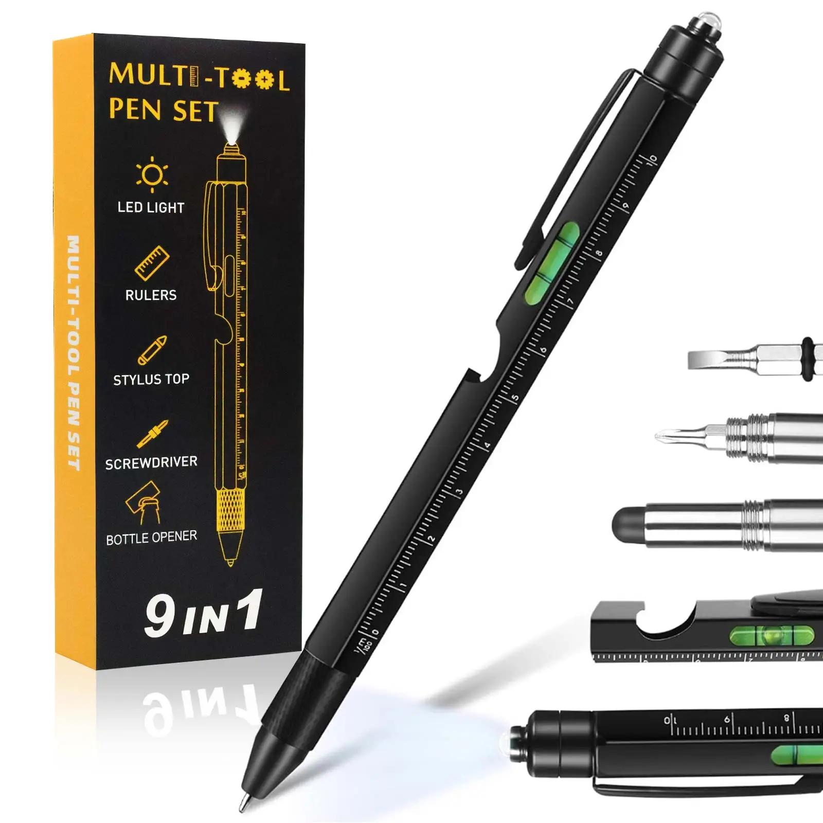 Multifunctional Tool Pen, 1 Set Portable 9 In 1 Ballpoint Pen with LED Light & Accessories, Multifunctional Writing Instrument [Package List as Pictur