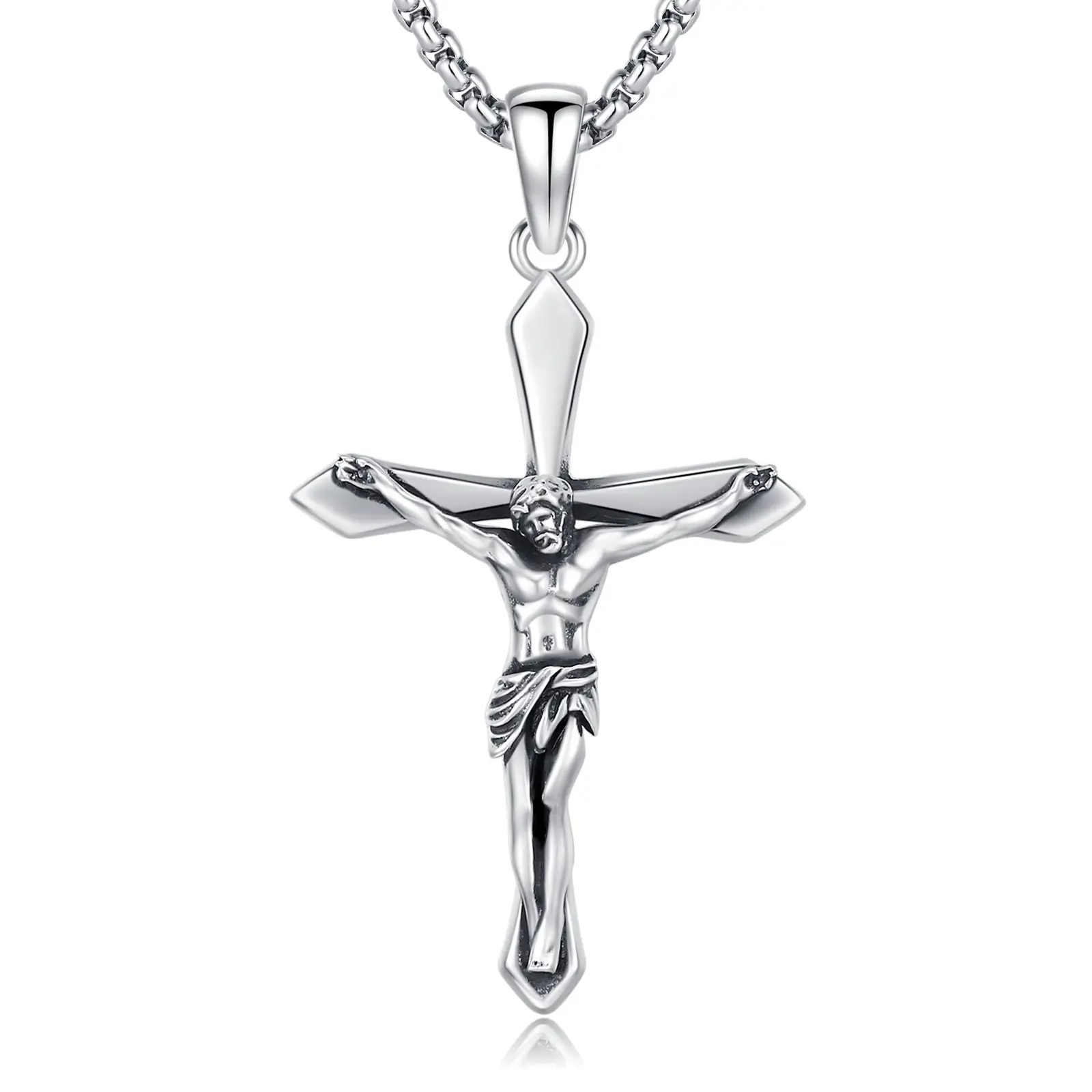 Sebina Jesus Cross Necklace Cross Pendant Silver Jewelry Christian Protection Medal Amulet With Adjustable-length Chain Religious Blessed Jewelry Gift for Men & Women