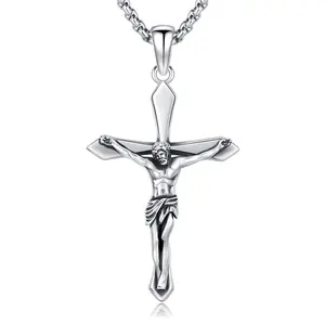 Sebina Jesus Cross Necklace Cross Pendant Silver Jewelry Christian Protection Medal Amulet With Adjustable-length Chain Religious Blessed Jewelry Gift for Men & Women