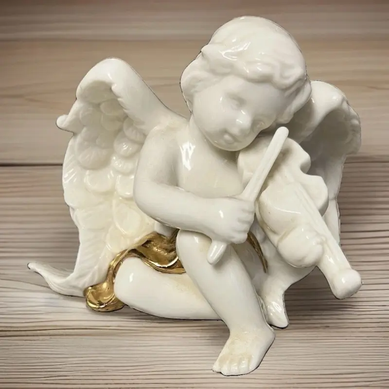Vintage White Porcelain Cherub Figurine Angel Playing Violin Gold Gilt Trim