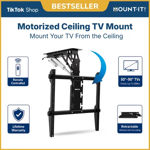 Mount-It! Motorized Retractable Bracket, Sleek Black Steel Automated Lift-Up Elevated Metal Support TV Stand, 50"-90" TVs, 88lbs Capacity, Flat/Pitched Ceiling Compatible, VESA Ready, 45ft Range Remote, Mounting Template & Hardware Included, Mounting Temp