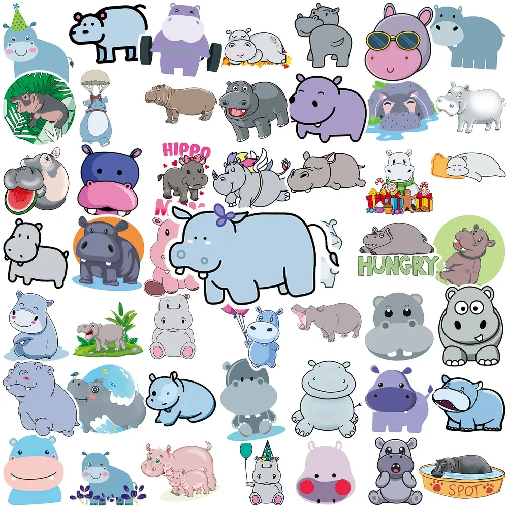 50 Pcs Cute Hippo Animal Vinyl Stickers, Cartoon Hippopotamus Decals, Waterproof Removable Stickers for Car Window, Helmet, Laptop, Water Bottle, Suitcase, Scrapbook, Gifts for Kids Teens Animal Lovers #HippoStickers #AnimalStickers #CuteStickers