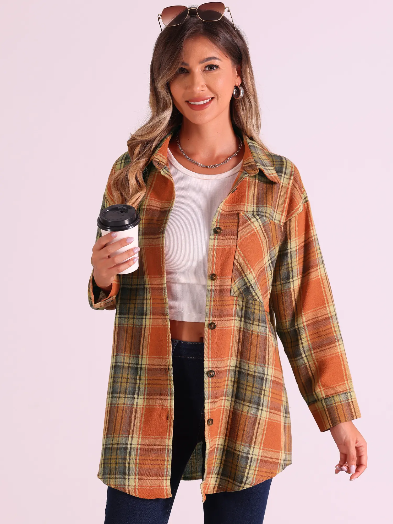 INSPIRE CHIC Vintage Flannel Plaid Button Down Shirt Collared Long Sleeve Casual Relaxed Fit Top