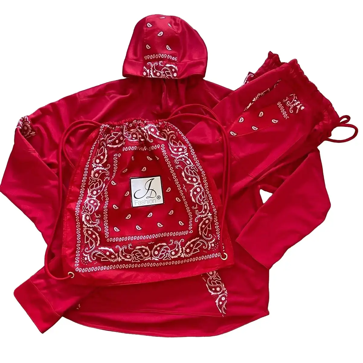 JD Fashion Men Custom Red Bandanna Trim Tank Shirt Hoodie & Jogger Pant Set Casual Menswear