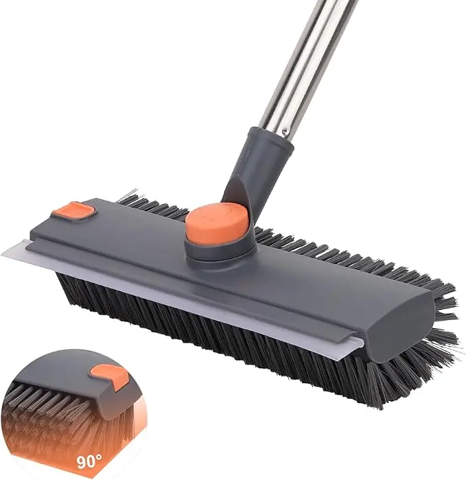 3-in-1 Heavy Duty Broom Outdoor Cleaning Tool - 360° Rotating Head, Long Handle, Stainless Steel-Plastic Build, Durable Squeegee, Right-Angle Bristles for Household Concrete Floors, Patio, Swimming Pools, with Hair Clip & Pouch