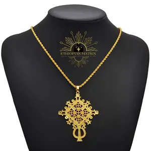 Grand Ethiopian | Eritrean Orthodox Saint George Cross Pendant on a Rope Chain (24KGP) | Roots and Culture | Ethiopian Gold Cross Axum Tsion