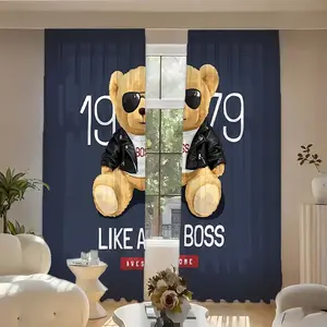 Polo Bear Print Curtains Set, Window Curtain, Blackout & Sunshade Polyester Fabric, Ideal for Kitchen Bedroom Office Living Room Decor, No Rod Included