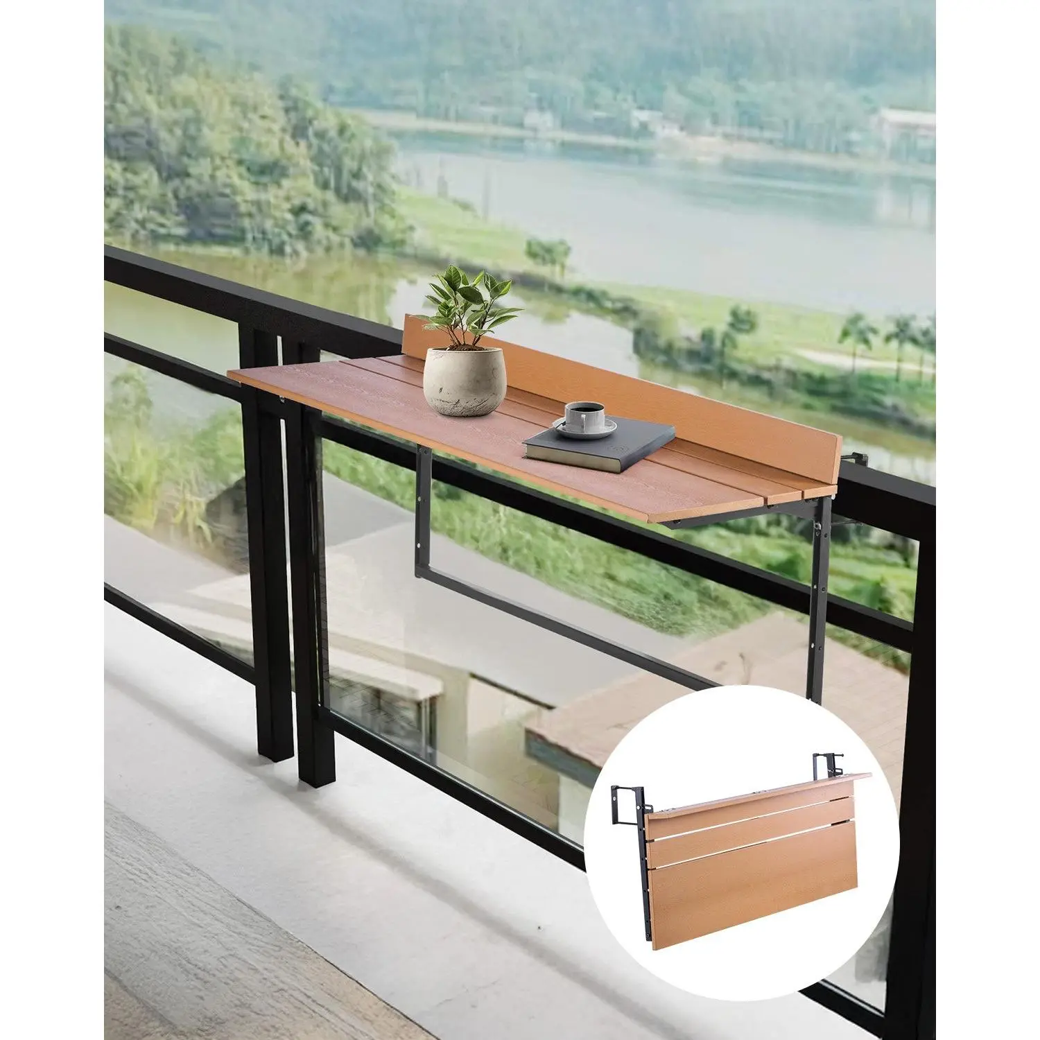 VEVOR Balcony Hanging Table, 15x 39 in Folding Balcony Railing Table, Outdoor Balcony Bar Table for Railings, 5-Level Adjustable, Fit Railing from 1 to 5.3, Serving Table for Patio Deck