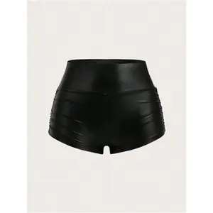 Women's solid color elastic shorts, fashionable casual PU leather shorts, suitable for daily outdoor wear, all season women's underwearRAIMENTRY
