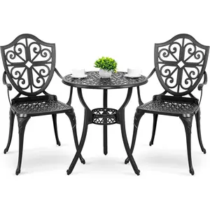 NUU GARDEN 3-Piece Outdoor Bistro Set, Round 24 Inch Cast Aluminum Bistro Table with 2.17" Umbrella Hole and 2 Cast Aluminum Bistro Chairs, for Patio, Garden, Backyard and Balcony, Black