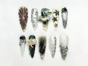Gothic Summer Theme Press On Nails | Black Shell & Starfish Design | 3D Beach Gothic Nails | Silver Art Press Ons | Fantasy Nail