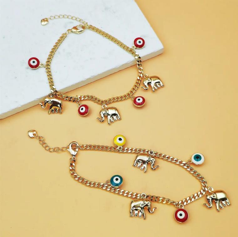 Gold Evil Eye Bracelet Women Elephant Charm Adjustable Protection Lucky Jewelry