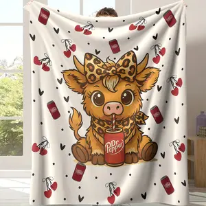 Highland Cow Cow Pattern Blanket Love Cherry Print Flannel Soft Machine Washable for Office Home All Seasons Sofa Bed Valentine's Day Gift Cozy Throw