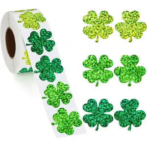 600 Pcs St Patricks Day Stickers, Glitter Shamrock Stickers Roll Green Lucky Sparkly Four Leaf Clover Sticker for Irish Holiday Party Favors Supplies St Patricks Day Decorations Accessories Craft Gift