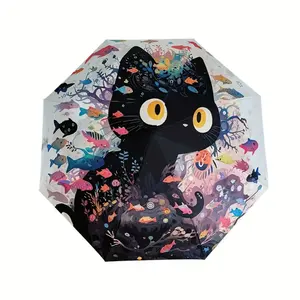 Black cat and fish pattern umbrella, fashionable and high-value vinyl imitation wood handle, sunscreen and sunshade, manual folding umbrella, travel umbrella.
