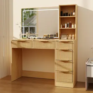 52" Tall Modern Fluted Vanity Desk with Large Mirror & Lights, Big Makeup Table with 6 Drawers & Charging Station, Glass Top Dressing Table with Adjustable Shelves