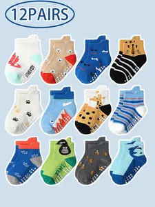 Cartoon Animal Print Baby Socks, 12 Pairs Non-slip Floor Socks for Boys & Girls, Soft Comfortable Breathable Socks for Infant Toddler Kids Paw Socks