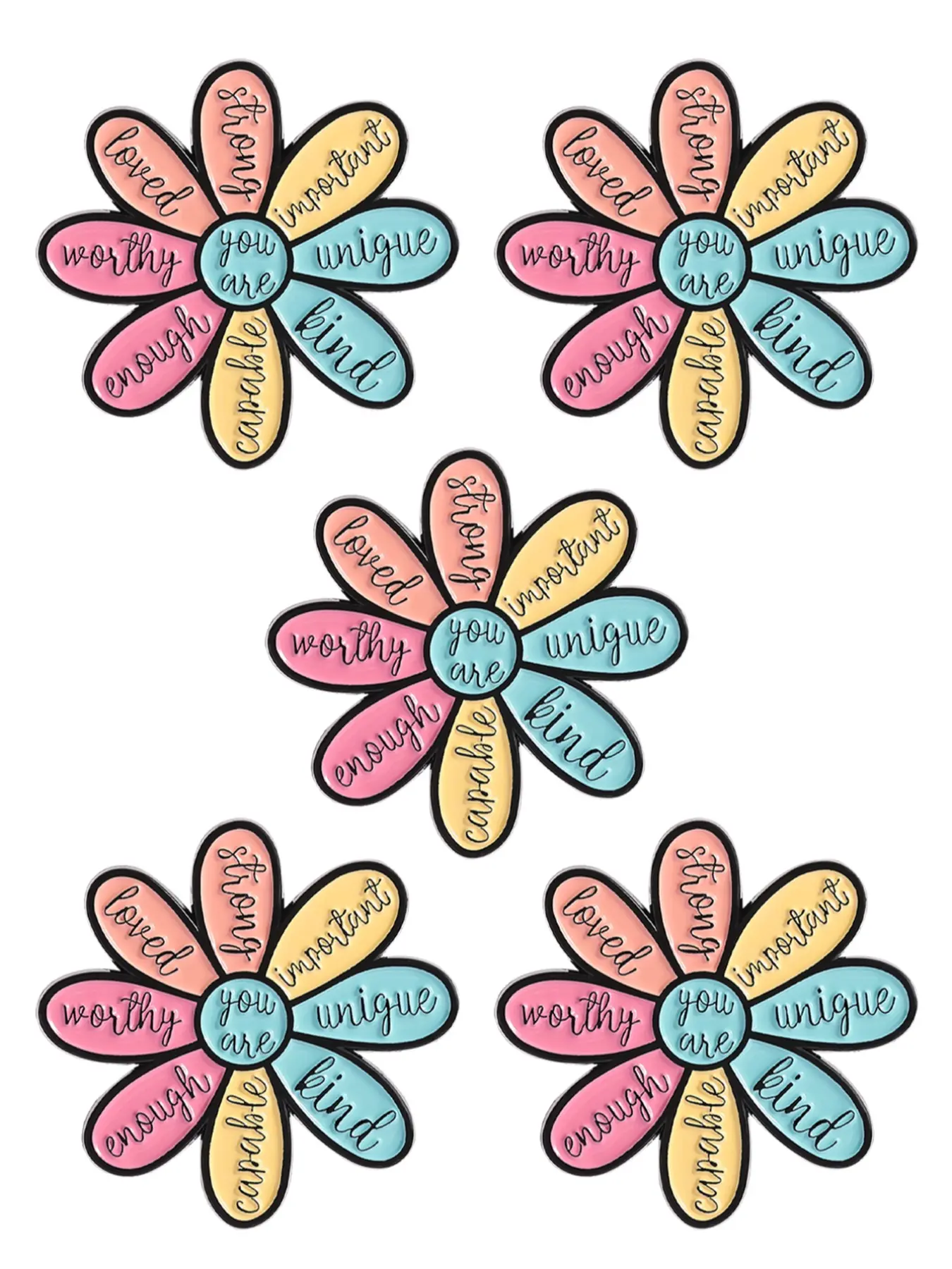 Set of 5 Colorful Flower Badge Floral Pins with Positive Quotes, Uplifting Phrases and Fun Visuals – "Strong", "Loved", "Enough", "Unique" – Motivational Gifts for Friends Accessories