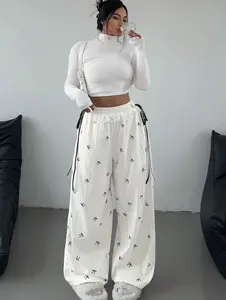 Women Casual Loose Lace Patchwork Bowknot Wide Leg Pants