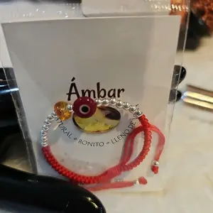 Pulsera Ajustable con Piedra Ambar y Ojo Turco Plata 9.25 Natural y Bonito Lleno de Vida