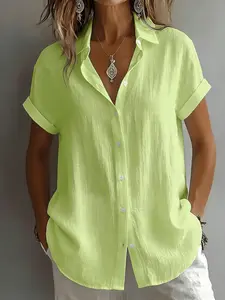 Women's Elegant Collared Shirt, Loose Short Sleeve Single Button, Breathable Linen Fabric, Casual Office Wear, Summer Comfortable Style