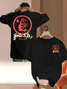 Men's American Street Style Hellstar Flame Print Loose Short Sleeve T-Shirt, Casual Fitted Top, Daily Wear Fashion Tee