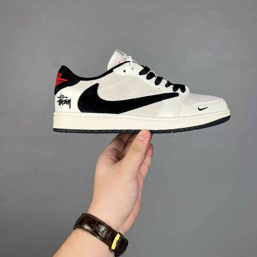 Off White Smooth Leather Low Top Retro Skate Sneakers Black Overlays Large Black Inverted Swoosh Handwritten Graffiti Signature Vintage Cream Rubber Midsole Two Tone Casual Flat Footwear Unisex Daily Lifestyle Shoes