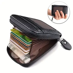 PU Leather Zippered Card Holder with ID Window Unisex RFID Shielded Wallet Multiple Slots Secure Storage Box